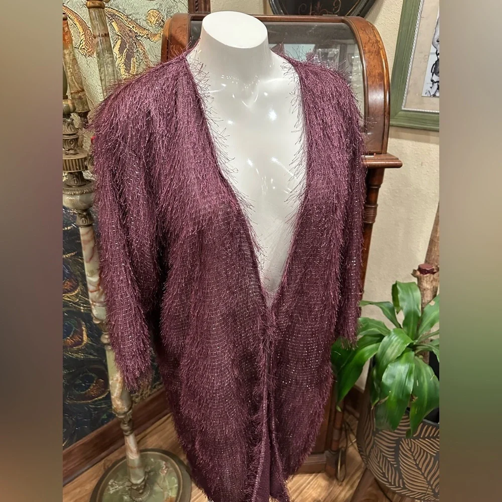 Zinga Burgundy Fuzzy Open Cardigan Long Sweater